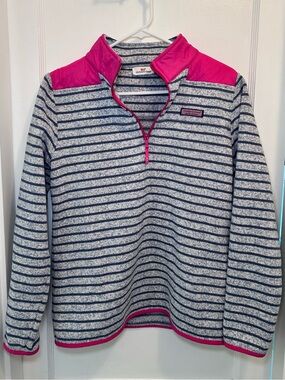Vineyard Vines Gray & Navy Striped 1/4 Zip Fleece Pullover Sweatshirt Women’s M